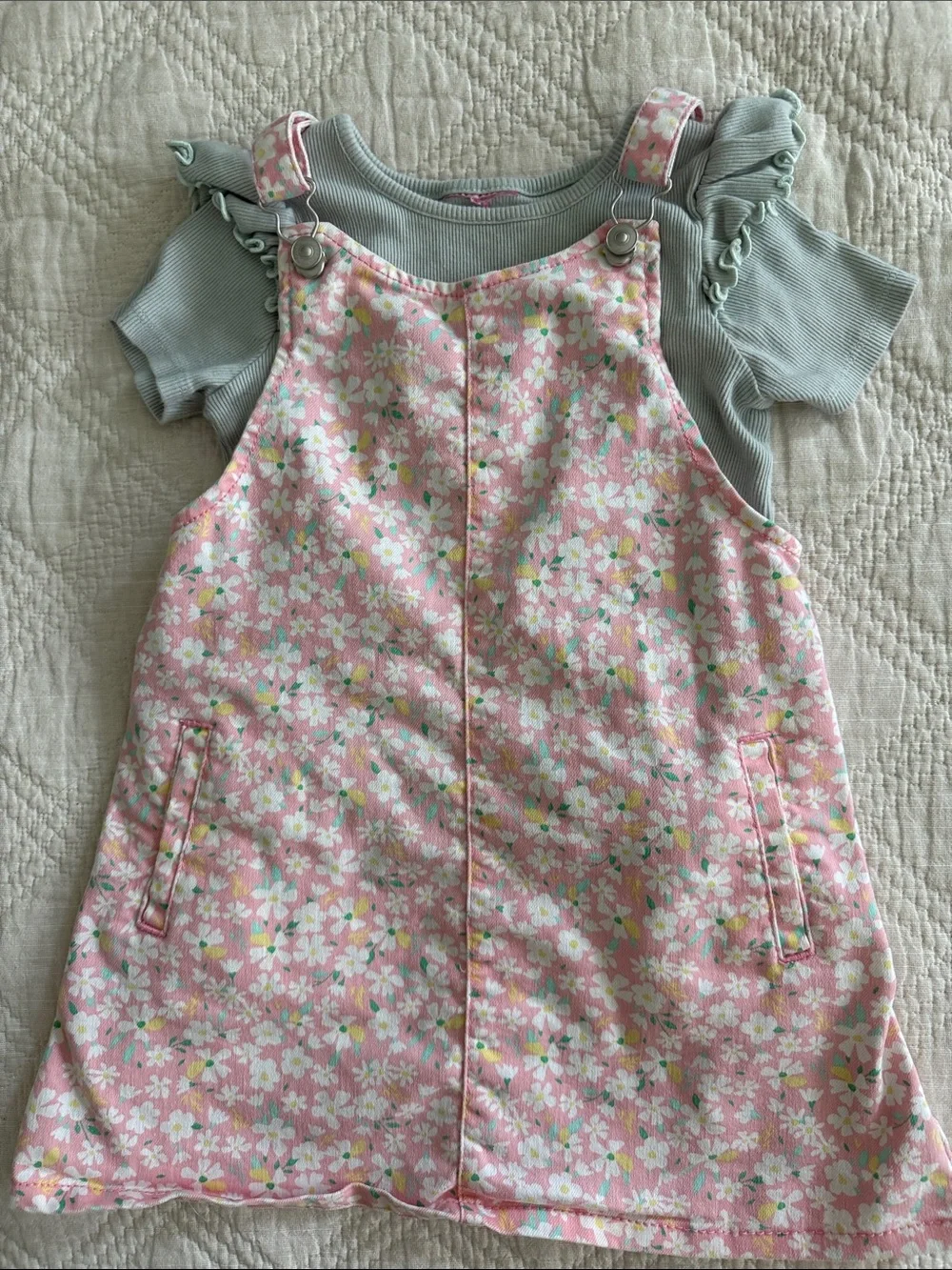 Btween Pink Gingham Wide-Leg Pants and Top and denim floral pink pinafore Sz 5